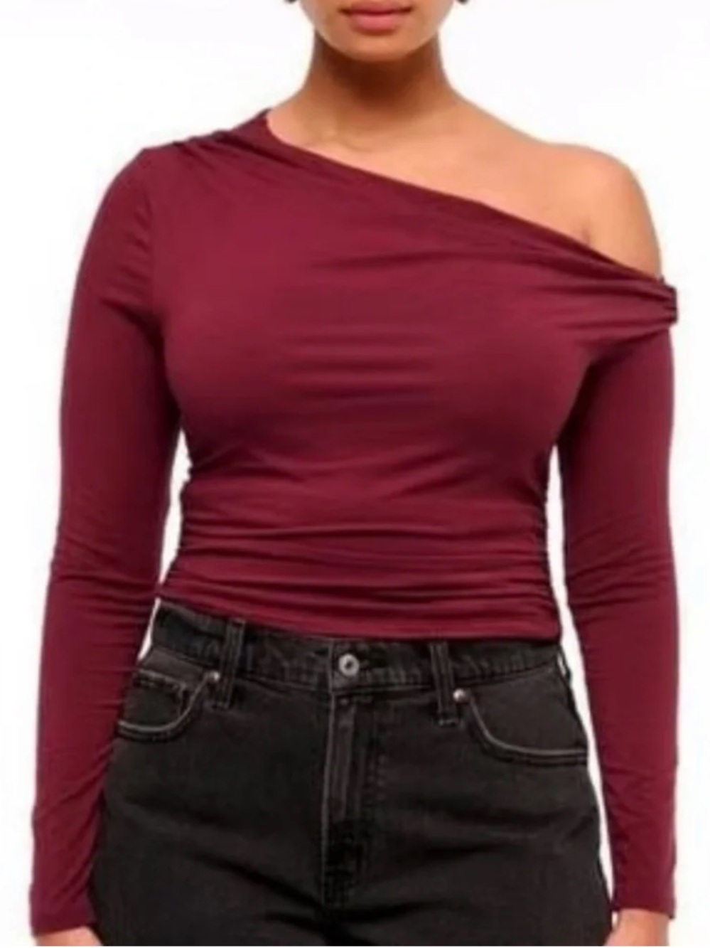 Abercrombie & Fitch One-Shoulder Long-Sleeve Top in Wine